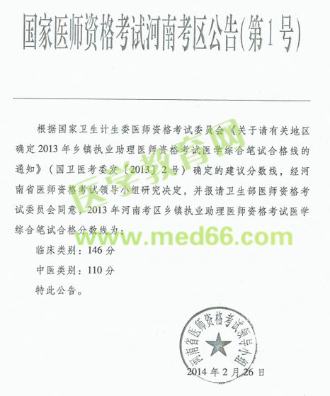 河南省2013年鄉(xiāng)鎮(zhèn)執(zhí)業(yè)助理醫(yī)師考試分?jǐn)?shù)線