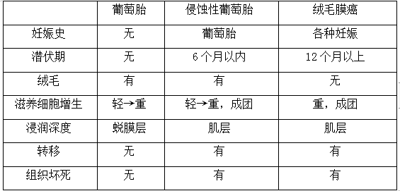 絨癌、侵蝕性葡萄胎、葡萄胎的鑒別