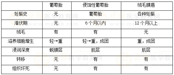 絨癌、侵蝕性葡萄胎、葡萄胎的鑒別